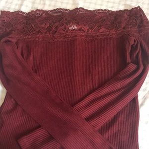 Burgundy off the shoulder top with lace trimming